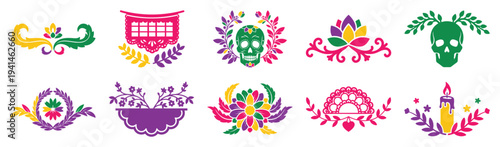 Mexican floral decorative ornament set with skull candle wreath and folk decoration vector