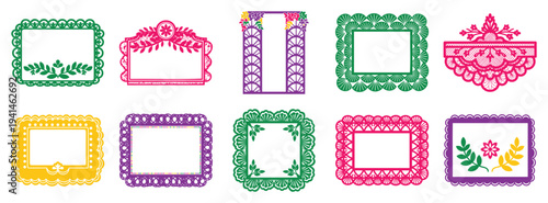 Colorful mexican papel picado frame collection traditional decorative border ornament vector set