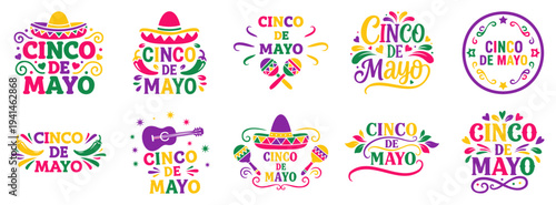 Cinco de mayo typography badge set with sombrero maraca festive mexican celebration vector collection