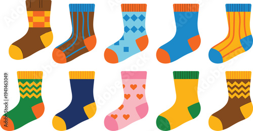 Modern flat illustration collection of cozy winter socks in vibrant colors isolated on white background for clothing store