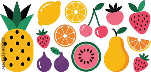 Modern organic fruit icon set for healthy food branding and menu design with consistent stroke width and flat colors