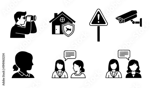 Neighborhood watch safety concept vector set with surveillance icons houses and community protection symbols