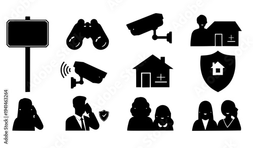 Neighborhood watch community safety icon set with houses security cameras and vigilant residents vector illustration