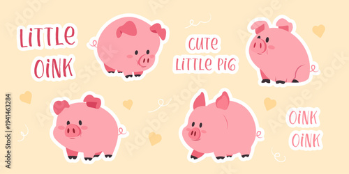 Cute little pig sticker collection with funny piglets hearts and playful lettering cartoon vector