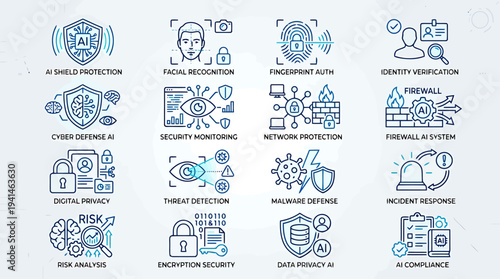 Set of 16 AI Cyber Security and Digital Protection Vector Icons for Network Defense, Data Privacy, and Threat Detection