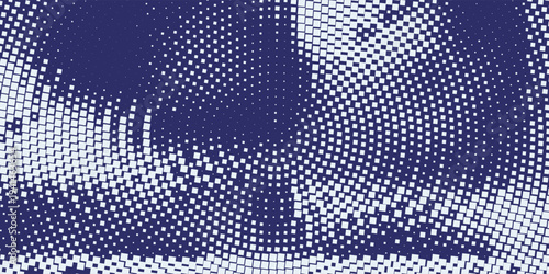 Abstract halftone pattern with deep indigo blue and light cyan tones chaotic dot texture creating a dynamic grungy and distorted visual effect perfect for modern graphic design backgrounds