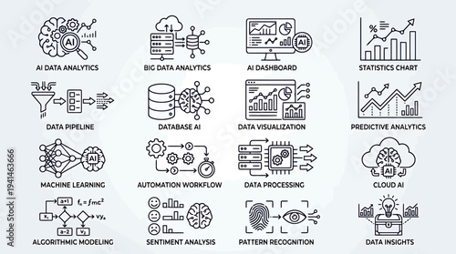 Set of 16 AI Data Analytics Vector Icons for Big Data, Machine Learning, and Business Intelligence Dashboards, Ideal for Technology Websites and Presentations