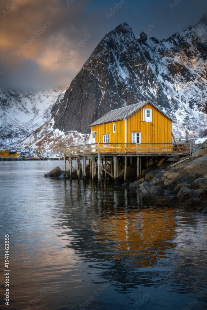 Fototapeta premium Historic fishing hut stands on wooden pier in a snowy landscape with mountains and calm waters at sunset in a remote location in Norway
