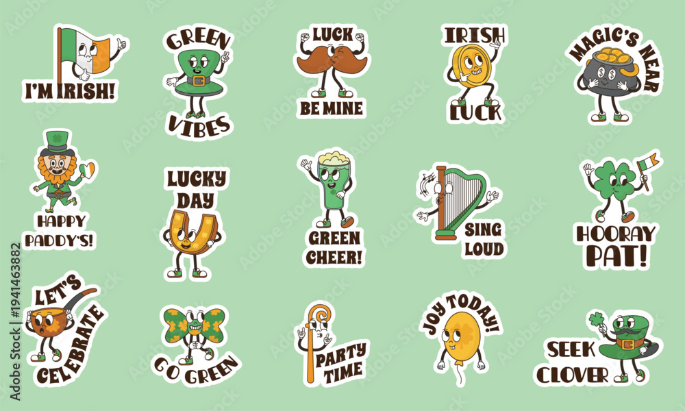 Fototapeta premium Saint patricks day groovy stickers. Retro style irelandish symbols with positive text. Decorative festive labels with gold horseshoe, ale beer, clover, neoteric vector set