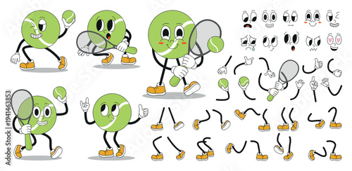 Tennis ball groovy character. Funny retro style sport training mascot for athletes and children. Creature constructor with legs, hands, faces, neoteric vector kit