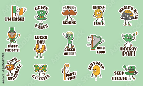 Saint patricks day groovy stickers. Retro style irelandish symbols with positive text. Decorative festive labels with gold horseshoe, ale beer, clover, neoteric vector set
