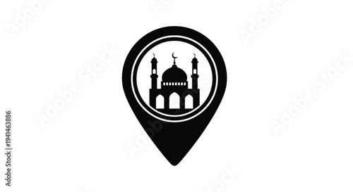 Vector graphic illustration of a mosque icon within a location pin pointer for navigation design.