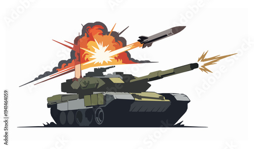 Armored warfare tank cannon fire with missile blast vector battle illustration