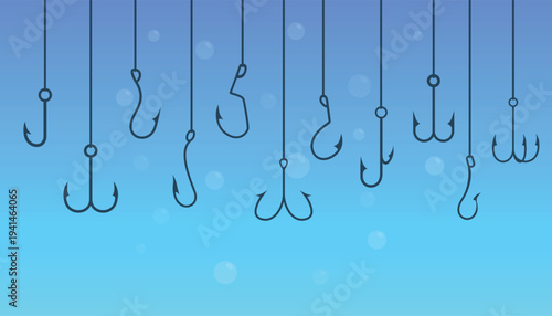 Fishing hooks underwater. Catching fish background, different hooks on fishing lines. Abstract catch background with water bubbles, sapid vector design