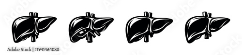 Black and white human liver silhouette set vector illustration