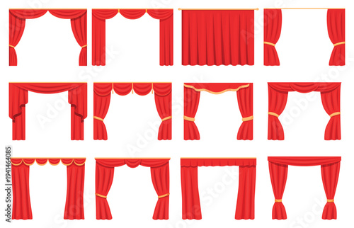 Cartoon red theater curtains. Decorative draperies, silk curtain for interior design. Luxury drapery for entrance and windows, for villa, apartment, sapid vector set