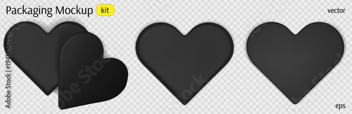 Black heart gift box top view mockup. 3d open premium package for Valentine present. Realistic cardboard product container with lid luxury concept. Small blank chocolate carton case inside design