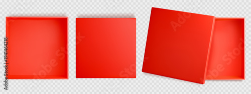 Red open gift box top view. Empty square present cube packaging isolated vector. Luxury birthday package for product with cap. Lid and pack inside concept set illustration on transparent background