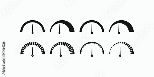 Minimalist gauge icons in black on light background. Clean lines form circular dials with needle pointers. Each icon shows varying levels of fill, suggesting progress or measurement