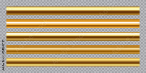 Gold metal pipes set. Metallic golden rods cylindrical forms with smooth highlights, dark light reflections in parallel horizontal arrangement. Industrial tubes. Realistic vector illustration.