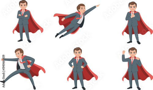 Professional businessman character set wearing superhero cape in various poses like flying standing and powerful for leadership