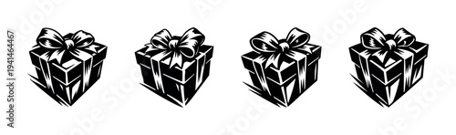 Black and white vector illustration of gift boxes with ribbons silhouette