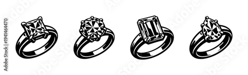 Vector illustration of four types of diamond rings black and white silhouette