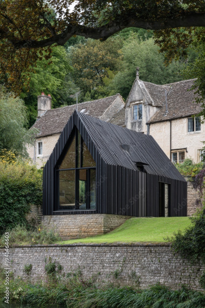 Obraz premium A sleek, modern black house stands proudly on a lush green lawn, beside a charming stone wall, and in the vicinity of older buildings nestled within a serene wooded area.