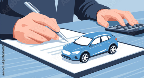 vector of hands signing an auto insurance policy document with a blue car model and calculator on a desk, representing vehicle purchase, loan, or protection services
