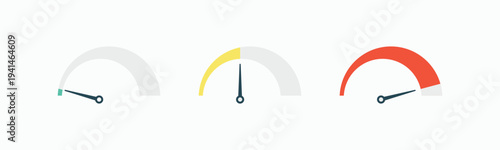 Colorful speedometer gauge icon set representing low, medium, and high levels. Performance indicator vector for dashboard, credit score, risk assessment, and speed measurement
