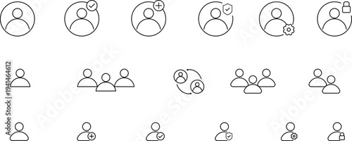 A comprehensive set of simple outline user profile group and network interface icons for modern web application and mobile UI design elements