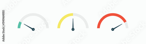 Three minimalist progress indicators on a light background. Each gauge shows different levels of completion. Green, yellow, and red hues suggest performance or status