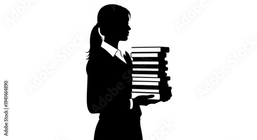 Businesswoman carrying heavy stack of books and documents