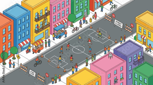 Isometric street soccer game in urban city neighborhood with people playing and watching