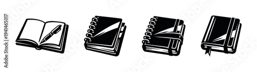 Set of black and white vector images of notebooks and journals with pens