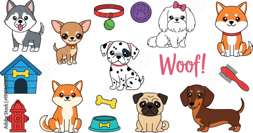Cute dog breeds and pet care vector set with husky, chihuahua, dalmatian, pug, dachshund and accessories illustration