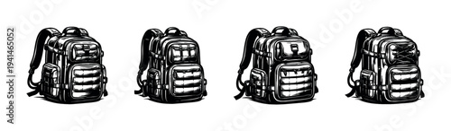 Black and white vector illustration of tactical backpacks silhouette set
