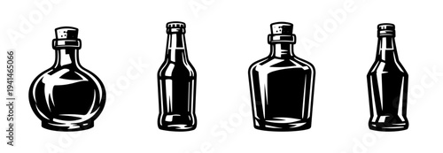 Set of four vintage glass bottles vector illustration in black and white silhouette style