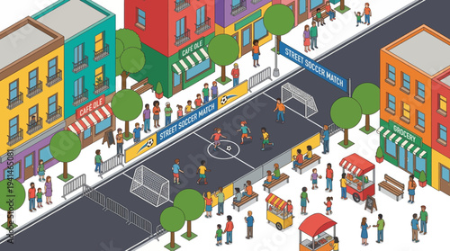 Isometric street soccer match tournament in city neighborhood with crowd of spectators