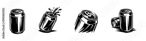 Vector illustration set of soda cans in black and white silhouette style