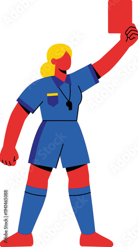 Female soccer referee holding up red card for penalty or foul during football match