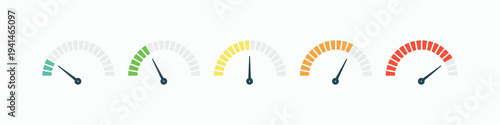 Set of segmented speedometer gauge icons with colorful levels. Performance indicator vector for credit score, risk assessment, speed measurement, and dashboard progress tracking