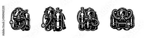 Collection of diving equipment illustrations in retro style silhouette design