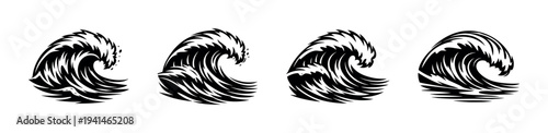 Black and white vector illustration of stylized ocean waves silhouette set