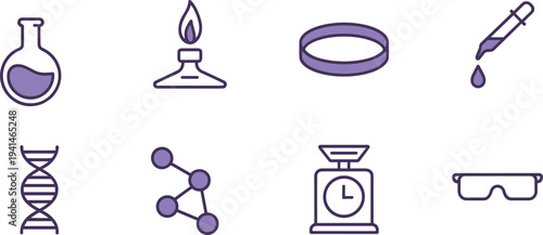 Set of colorful science and laboratory equipment icons including dna, beaker, burner, and dropper for research projects