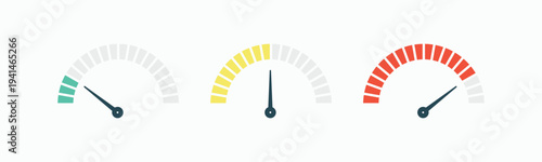 Set of colorful segmented speedometer gauge icons. Performance indicator vector for credit score, risk assessment, speed measurement, and dashboard progress tracking in flat design style
