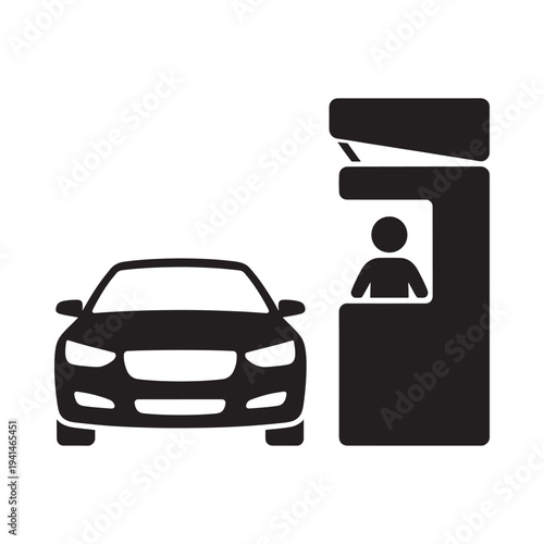Simple black and white icon depicting a car at a drive thru window