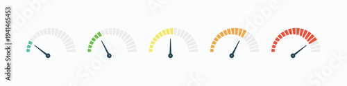 Colorful speedometer indicators with segmented progress bars. Minimalist vector symbols for performance measurement, loading status, and automotive dashboard interface design