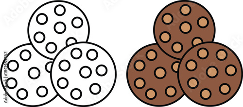 Simple sweet biscuit snack line art set including black and white contour and colored versions for dessert menu design