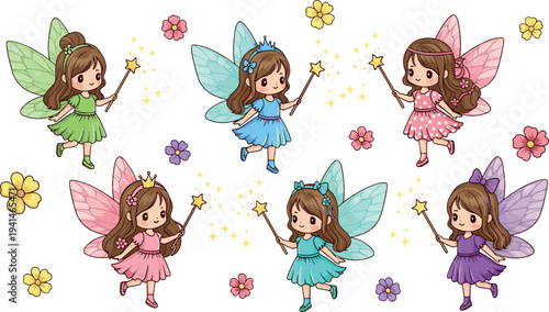 Cute fairy girls vector set with magical wands, colorful wings, flowers and princess fantasy cartoon illustration collection